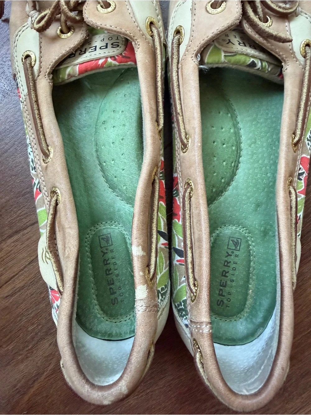 Sperry Tan Leather Boat Shoes with Floral Side Panel